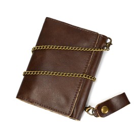 LUUFAN Men's Genuine Leather Short Wallet Trifold Anti-Theft Chain Purse with ID Window Zipper Pocket for Coin Cash Card, Coffee