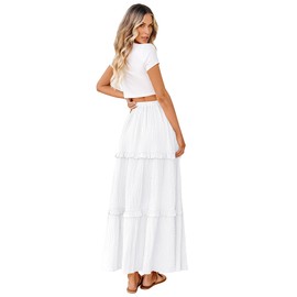 BTFBM Women 2025 Spring Color Long Skirts Casual Elastic High Waist Tiered Swing A Line Boho Beach Maxi Skirt(White,Medium)