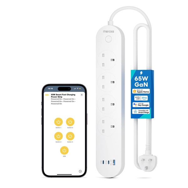 Meross Smart Power Strip, 65W GaN Fast Charger, 4 Outlet + 2 USB C + 1 USB A, WiFi Plug with 2 PD Ports, Support Apple HomeKit, Alexa, Google Home and SmartThings, Voice/Remote Control, 2.4GHz Only