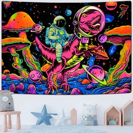 Invoibler Blacklight Dinosaur Wall Hanging - UV Reactive Space Astronaut & Mushroom Designs, Neon Galaxy Planet Stars, 59.1 x 59.1 inches