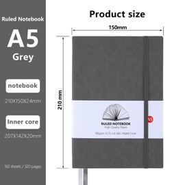 Notebook A5, Thick A5 Notebook Lined Journal 320 Pages 100gsm Paper Note Book Notepad with Inner Pocket, 2 Ribbon Page Marker for Office School Home Business Writing & Note Taking (Grey)