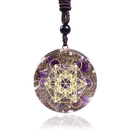 Orgone Pendant Metatron Cube Merkaba Reiki Amethyst Necklace,Orgonite Chakra Crystal Protection Amulet,Purple