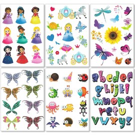 Temporary Tattoos for Kids Girls - 6 Sheets of Glitter Tattoo Fun Sparkle Stickers - 60+ Shining Fake Tattoos Princess Butterfly Bug Alphabet - Rainbow Flash Waterproof Transfers - Party Bag Filler
