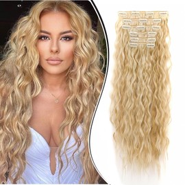 Dcbaboo Hair Extensions Clip in 6PCS 20inch Curly Wavy Clip in Hair Extension Long Wave Synthetic Fake Hair Pieces for Women Clip in Extensions Full Head Natural Hairpiece, Natural Blonde/Blonde