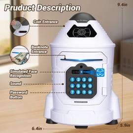 Kids Safe, Electronic Piggy Bank for Boys Girls, ATM Money Saving Box Toy 2024 with Password & Face ID Simulation, Christmas Birthday Gifts for 4 5 6 7 8 9 10 Year Old, Rocket Space Coin Cash Can