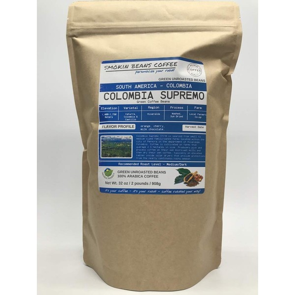 2 Pounds – South American - Colombia Supremo – Unroasted Arabica Green Coffee Beans – Grown in Risaralda Region – Altitude 1400-1750M – Drying/Milling Process Is Washed/Sun Dried – Includes Burlap Bag