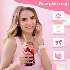 Birthday Gifts for Teen Girls, Happy Birthday Gift Basket for Women, Cute Gift Basket for Teenage Girl Sister Friend Daughter Niece, Pink Bow Glass Cup with Straw for 11 14 15+ Year Old Girl Gifts