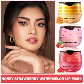 XINGXYUEL 3PCS Bee Lip Balm Honey Pot Honey Strawberry Watermelon Lip Balm Sleeping Lip Mask Silky Hydrating Bee Lip Balm Honey Lip Mask Overnight Lip Care Products(Honey+Strawberry+Watermelon)
