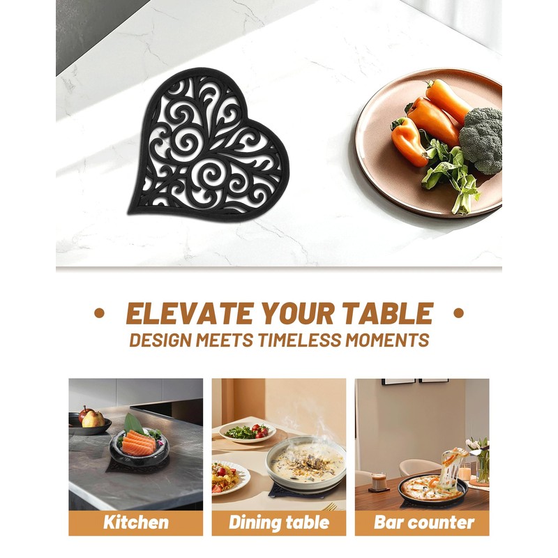 Black Heart Cast Iron Trivet for Kitchen & Dining -