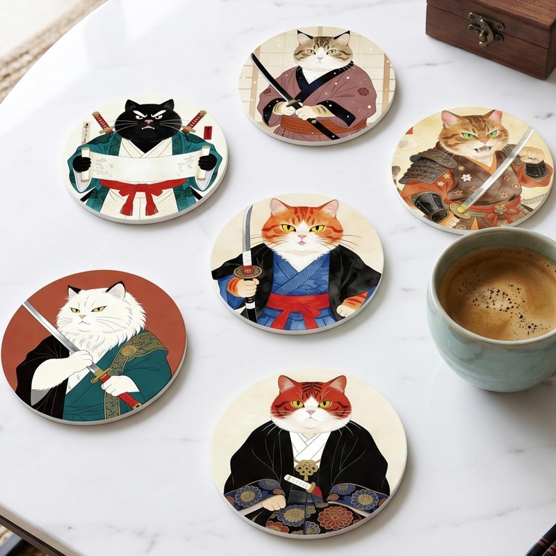 Funny Cat Coasters Set of 6, Japanese‌ Anime Cat Round