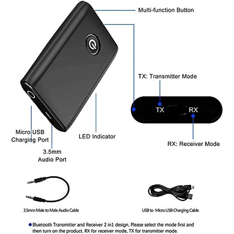 Bluetooth 5.0 Transmitter Receiver, 2-in-1 Wireless 3.5mm Adapter Mini Portable