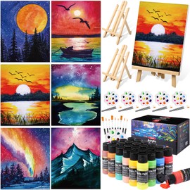 AmazingSpark 6 Set Paint and Sip Kit for Adults 8"x 10" Pre Drawn Canvas for Painting DlY Acrylic Paint Set Canvas Panels Wood Easel, 24 Colors 60ml 2oz for Date Night Party Favors(Gorgeous Sky)
