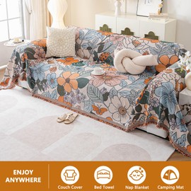 DREAMINGO Vintage Floral Couch Cover Botanical Jacquard Slip Covers for Sofas/Couches Multi-Functional Farmhouse Couch Blanket Cover Washable Sofa Covers 3 Cushion Couch Protector, 71"x134"