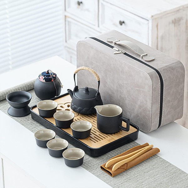 ICHAG Asian tea set |Kungfu tea sets |Ceramic Portable tea set|tea sets for adult |13-piece with grey leather case |Tea set gift for Home,Outdoor,Business