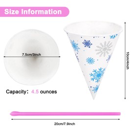 Whaline 200Pcs Snow Cone Cups and Spoon Straws Kit 4.5oz Leakproof Cone Paper Cups Snowflake Printed Disposable Cone Cups for Shaved Ice Slush Sorbet Ice Cream Decoration Party Supplies