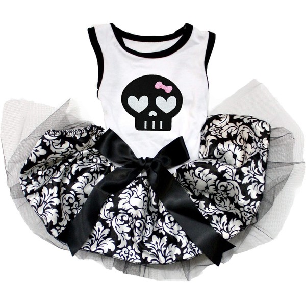 Petitebella Black Skull Face Puppy Dog Dress (White/Damask, Small)
