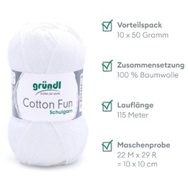 Gründl Cotton Fun Knitting Yarn / Crochet Yarn (Soft Yarn Made of 100% Cotton, Oeko-Tex Certified, 50 g/115 m, Needle Size: 3-4, 10 balls of 50 g), White