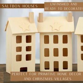 Factory Direct Craft Unfinished Wooden Saltbox Houses Assortment of 6 - Wood Houses for Christmas Villages and Primitive Home Decor (5-1/8 Inches High)