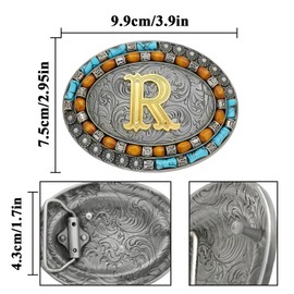 Aswitnove Western Belt Buckle Golden Initial Letter ABCJMR to XYZ Vintage Turquoise Cowboy Belt Buckles for Men Women, Turquoise Gold R, Medium