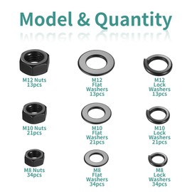 Hex Nuts Assortment Set, Self-Locking Nuts Set, Lock nuts, Carbon Steel Locknuts for Screws, Thread Hexagon nut for Bolts, Anti-Loose Insert nut, M2 M2.5 M3 M4 M5 M6 M8 M10 M12 Nut (Black-204)