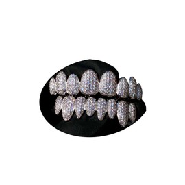 14k Iced 1.2 ct CZ Set 8 teeth Joker White Grillz for Mouth Top Bottom Hip Hop Teeth Grills for Teeth Mouth Grillz for Mouth Top Bottom Set (Silver)