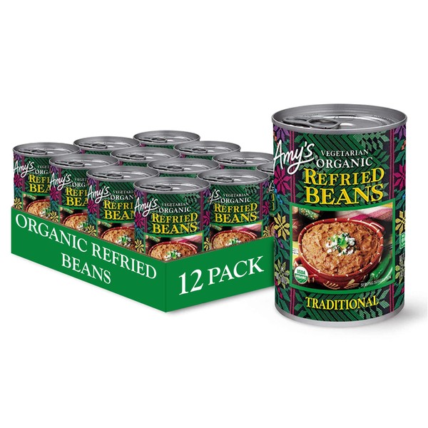Amy's Organic Refried Beans, Traditional Refried Beans Canned, Vegan, Gluten Free and Vegetarian, 15.4 Oz (12 Pack)