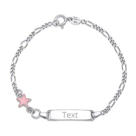 Sterling Silver 925 ID Bracelet Girls Pink Butterfly Figaro Chain Enamel 6.5" Italy - Engraved