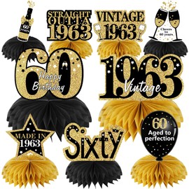 9Pcs 60th Birthday Decorations Honeycomb Centerpieces for Women Men, Black Gold Vintage 1963 Aged to Perfection Table Centerpiece Toppers Party Supplies, 60 Year Old Birthday Party Table Sign Decor