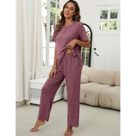 Ekouaer 2 Pack Womens Ribbed Knit Lounge Set Short Sleeve Top and Pants Sleepwear Pajama Set Outfits Set with Pockets