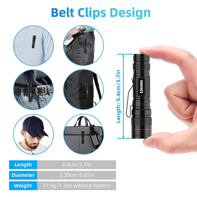 COSOOS 3 Mini LED Tactical Flashlights with Clip, 3.7inch Zoomable