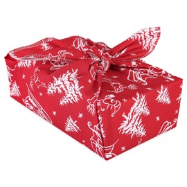 RUSPEPA 26" Reusable Christmas Cloth Wrap, 1 Fabric Wrap with Red and White Santa Sleigh, Reindeer and Pine Tree Design on Natural Cotton, Classic Reusable Gift Wrapping for Holiday, Winter Gifts