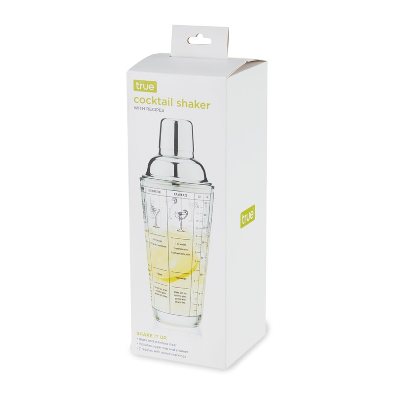 True Glass Cocktail Shaker with 7 Classic Recipes and Measurements