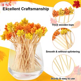 100 Maple Leaf Fall Cocktail Picks, Autumn Theme Holiday Appetizer Toothpicks, 4.7 IN Decorative Bamboo skewers sticks for Drinks Food Fruit Charcuterie Boards Accessories Thanksgiving Party Supplies