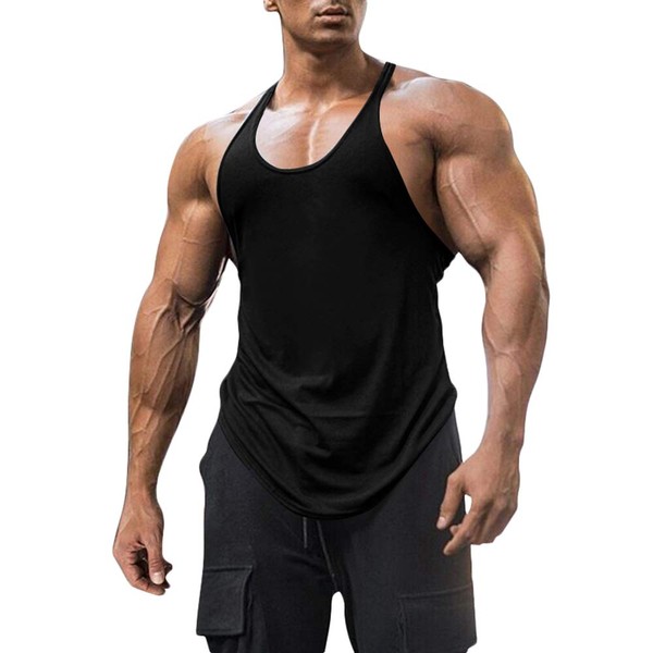 Men's Cotton Workout Tank Tops Dry Fit Gym Bodybuilding Training Fitness Sleeveless Muscle T Shirts (Black,XX-Large)