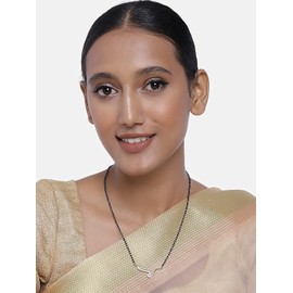 I Jewels Womens 18K Rhodium Plated Single Line American Diamond Pendant With Bead Chain Mangalsutra (D081) Black