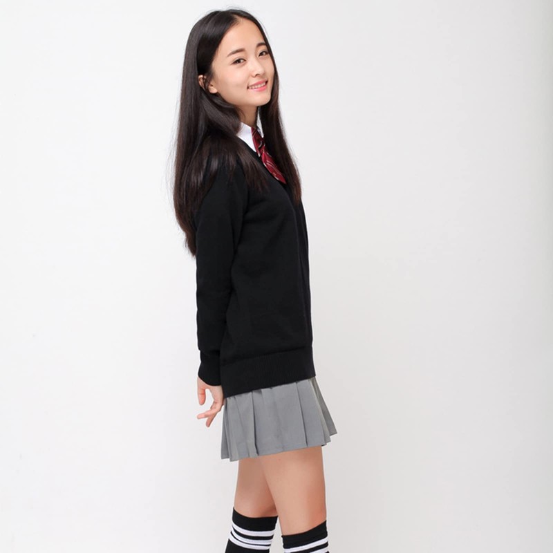Blostirno Girls V-Neck School Sweater, Uniform, Student, Plain, Cotton, High