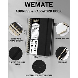 WEMATE Spiral Address Book with Alphabetical Tabs, Leather Password Book, Address Organizer Telephone Notebook Journal Keep Contact Safe Hardcover Large Print for Seniors Home Office 5.8″×8.2″, Black