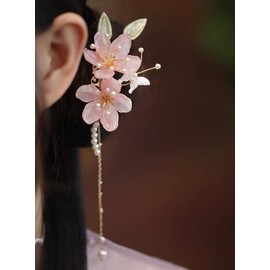 Chinese Hair Accessories,Pink Lotus Flora Hair Clips Handmade Hanfu Decorative Hair Clip with Tassel,1 Pair