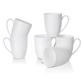 COSTMANCE 12 oz Coffee Mugs Set of 6, Fine Bone China Mugs, Upscale White Coffee Mugs, Rhombus Relief Texture Porcelain Coffee Mugs Tea Cup, for Coffee, Tea, Hot Cocoa, Women, Men, Party