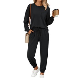 AUTOMET Womens 2 Piece Outfits Lounge Sets Fall Loungewear Sweatsuits with Sweatpants 2025 Black L
