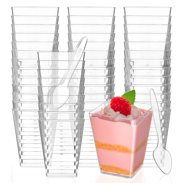 Zezzxu 50 Pack 5 oz Square Dessert Cups with Spoons - Mini Parfait Cups, Appetizer Cups, Clear Plastic Party Dessert Cups for Serving Fruit Trifle Mousse and Pudding