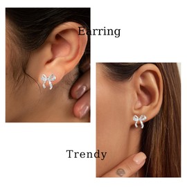 Gold Earrings for Women Stud Hoops Earrings,14K Gold/Silver Plated Studs Bow Hoop Trendy Hypoallergenic Cute Pearl Bow Stud Earring Gold Earrings for Her Small Jewelry Gifts (Silver)