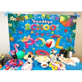 PGSWEER Goodbye School Hello Pool Backdrop 7x5FT End of School Year Background School's Out for The Summer Decorations Party Decorations Banner Vacation Beach Pool Party Photo Props