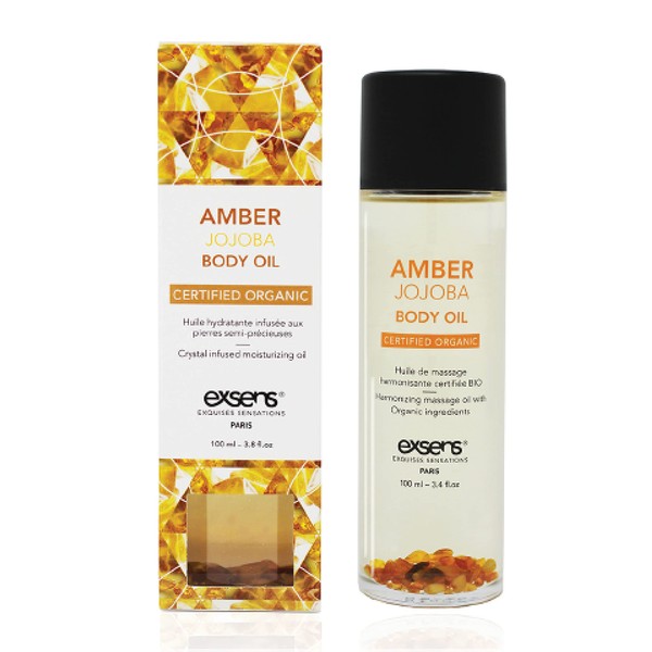 Exsens Amber Jojoba Crystal Infused Moisturizing Body Oil, Great for Skin & Hair, Certified Organic, Vegan, Paraben Free, Non GMO, Natural Fragrance, 100 ml - 3.8 fl.oz