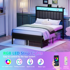 Furnulem Full Size Bed Frame with Charging Station and LED Lights, Platform Bed with Metal Slats, Grey Upholstered Headboard with 2-Tier Storage Shelves, No Box Spring Needed