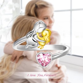 Qings October Tourmaline Birthstone Ring 925 Sterling Silver for Mother Daughter Heart Birth Stone Mom Adjustable Open Ring