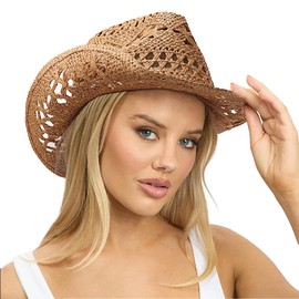 DRESHOW Straw Cowboy Cowgirl Hat for Women Men Western Coastal Cowboy Beach Hat with Shapeable Brim Unisex Rolled up Caps