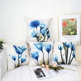TIDWIACE Set of 4 Blue Floral Printed Cushion Covers 45 X45 cm Decorativ,Art Deco Modern Farmhouse Natural Throw Pillow Cases Sofa Cushions Modern Living Room Outdoor Garden