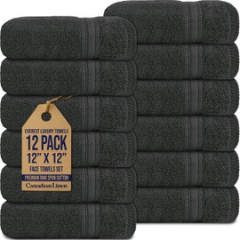 Canadian Linen Luxury Everest Washcloths 12”x12”, 12 Pack 100% Natural Cotton Absorbent Face Towels, Machine Washable, Drying Face Towel Set for Home Bathroom, Bar Hotel Spa Salon Gym Pool, Dark Grey