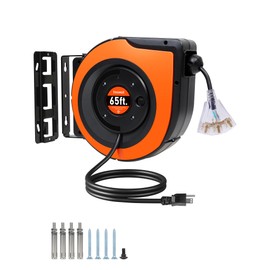 TREEWELL 65FT Retractable Extension Cord Reel, 12AWG/3C SJTOW Heavy Duty Power Cord with Lighted Triple Tap Outlet, 15A Circuit Breaker, 180° Swivel Removable Bracket for Wall/Ceiling Mount, UL Listed